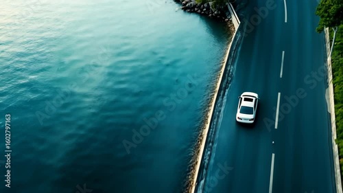 Aerial view of single car on coastal highway bridge. Great for automotive advertising and scenic road trip promotions.