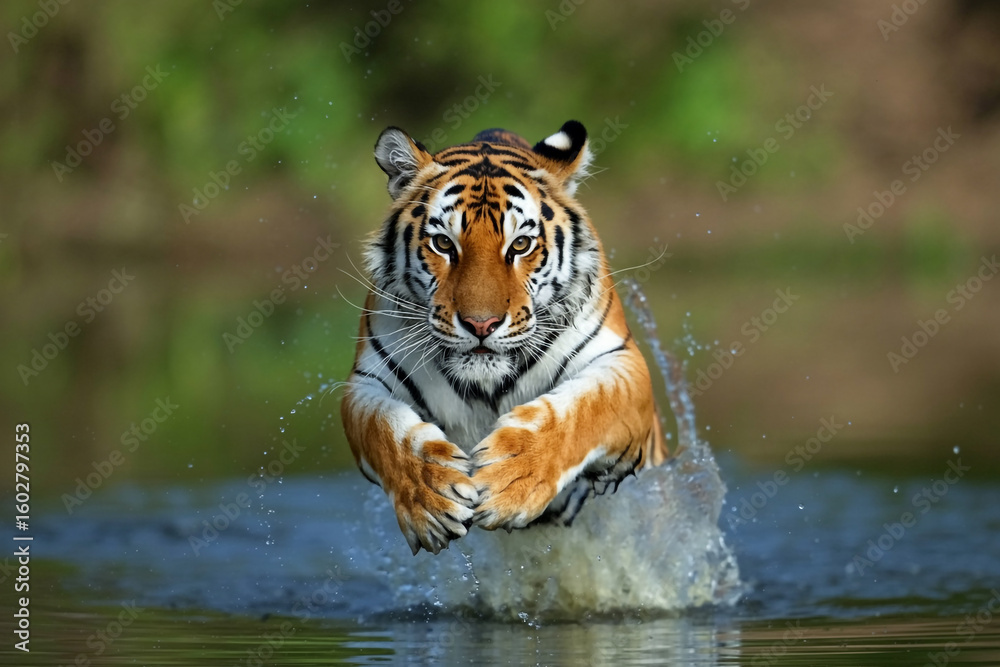 Obraz premium Bengal tiger leaps through shallow water with intense expression big cat wild animal