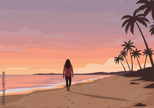 A woman walks along a sandy beach at sunset, with palm trees silhouetted against a colorful sky.