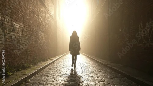 A lone figure walks away down a narrow foggy street lined with brick walls toward a bright distant light