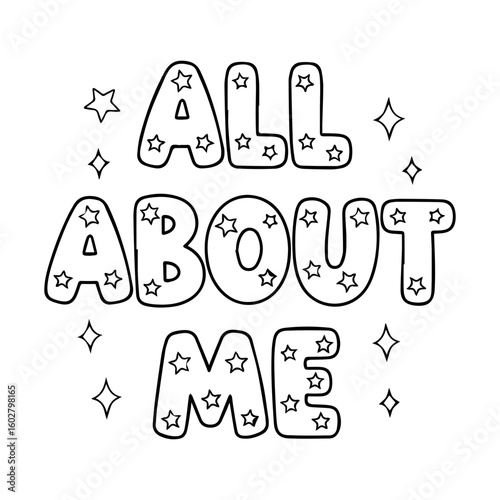 All About Me vector text with star-filled bold letters and decorative sparkles