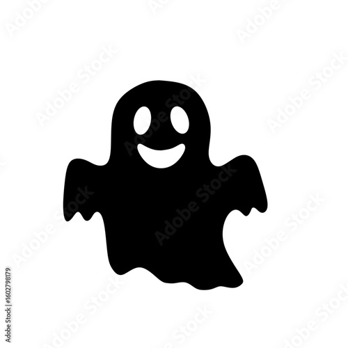 Cute but spooky black ghost silhouette with happy face, commonly used in Halloween themes and haunted designs