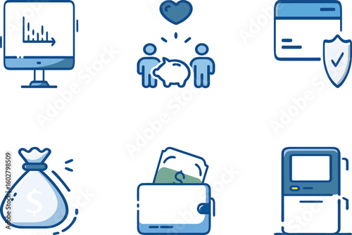 Vector art of a collection of finance and business icons including a graph on a monitor people with a piggy bank a secure credit card a money bag a wallet with cash and an atm machine