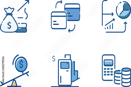 Vector art of a collection of modern flat icons representing various financial concepts including money growth transactions analysis and payment methods