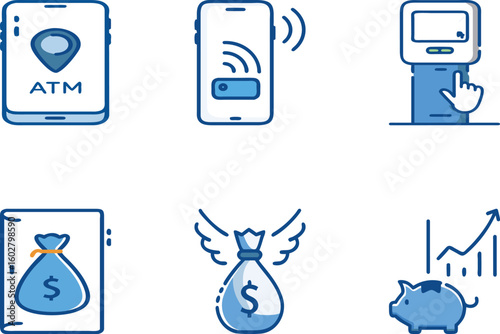 Vector art of a collection of blue line art icons representing various financial and banking services including mobile atm access contactless payments and savings