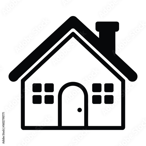 Black and white simple house icon with arched doorway and square windows home building