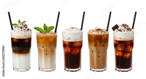 Photo of variety of iced coffee drinks in glasses isolated on transparent background