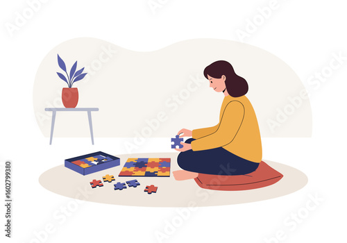 A woman sits on a cushion, working on a jigsaw puzzle with scattered pieces, a box, and a plant on a table nearby.