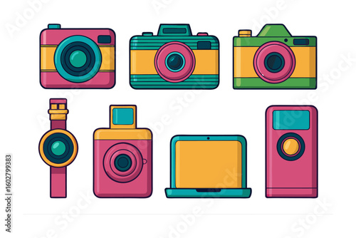 Retro style gadgets collection featuring vintage cameras a smartwatch and portable music player