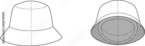 Vector flat sketch of bucket hat front and inside view, wide brim design, casual headwear template, fashion accessory illustration for apparel design