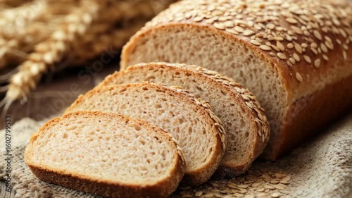 Sliced artisan bread on rustic wooden surface texture. Ideal for bakery promotions and organic food product marketing.