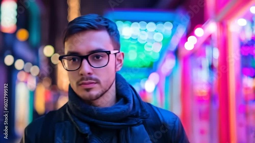 Man with glasses in urban nighttime setting with neon lights. Great for lifestyle brands and modern city culture content.