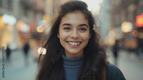 Smiling young woman on busy city street background. Perfect for urban lifestyle campaigns and millennial target marketing.