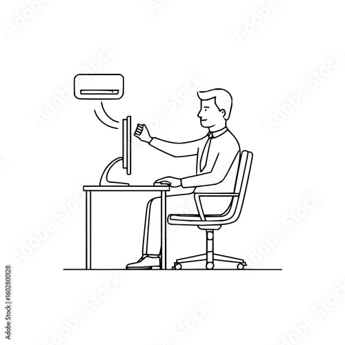 Illustration of a man sitting at a desk working on a computer with an air conditioner above him online