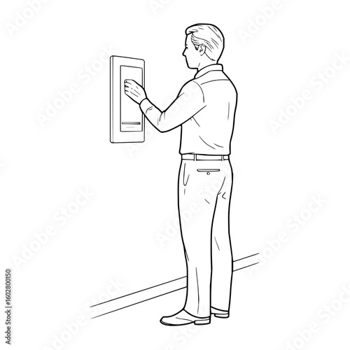 Man in shirt and pants interacting with a wall mounted device in a line drawing illustration style image