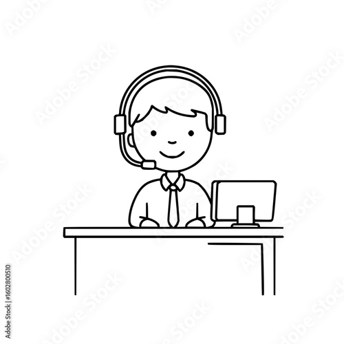 Illustration of a customer service representative with headset at desk with computer in black and white line art