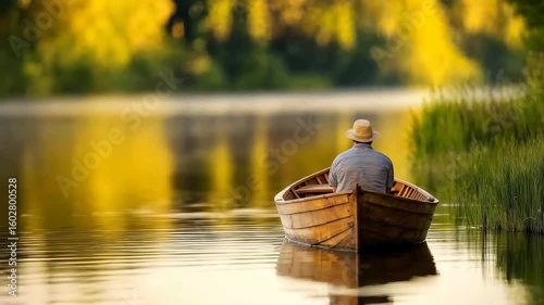 Wooden boat floating on calm lake with golden reflections. Ideal for travel, recreation and peaceful water lifestyle marketing content.