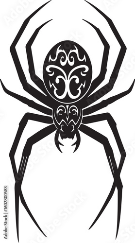Decorative silhouette of a spider with ceremonial tribal patterns, sharp leg angles and curved markings, modern monochrome graphic.