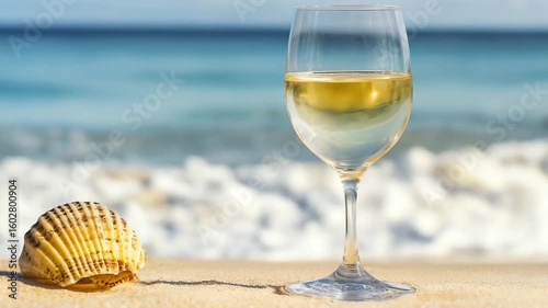 White wine glass with seashell on beach overlooking ocean. Perfect for luxury vacation, coastal dining and summer relaxation content.