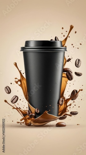 Disposable black coffee cup with lid surrounded by spectacular splashes of drink and beans. Dynamic composition on the background in warm beige and brown tones.