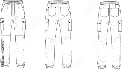 Vector technical sketch of cargo jogger pants front and back view with patch pockets, drawstring waist, zipper cuffs, fashion illustration template