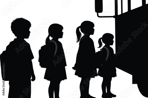 Silhouette of school children standing in line to board the bus isolated on white background
