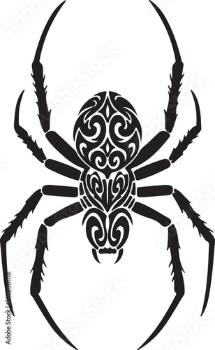 Decorative silhouette of a spider with ceremonial tribal patterns, sharp leg angles and curved markings, modern monochrome graphic.