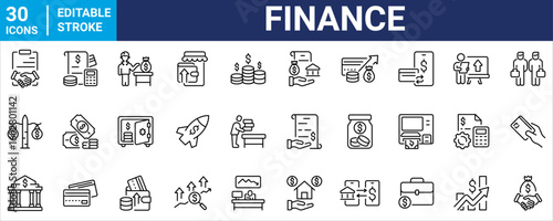 Finance line web icons Money and Coins. Cash, Credit Cards, Money Bag, Containing banking, Investment, income, accounting, money, loan. Editable stroke.