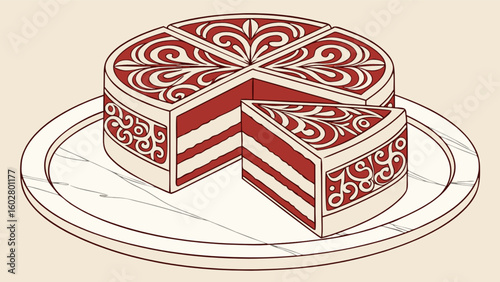 Delicious red velvet cake recipe drawing on plate with slice removed for bakery shop or cafe menu design
