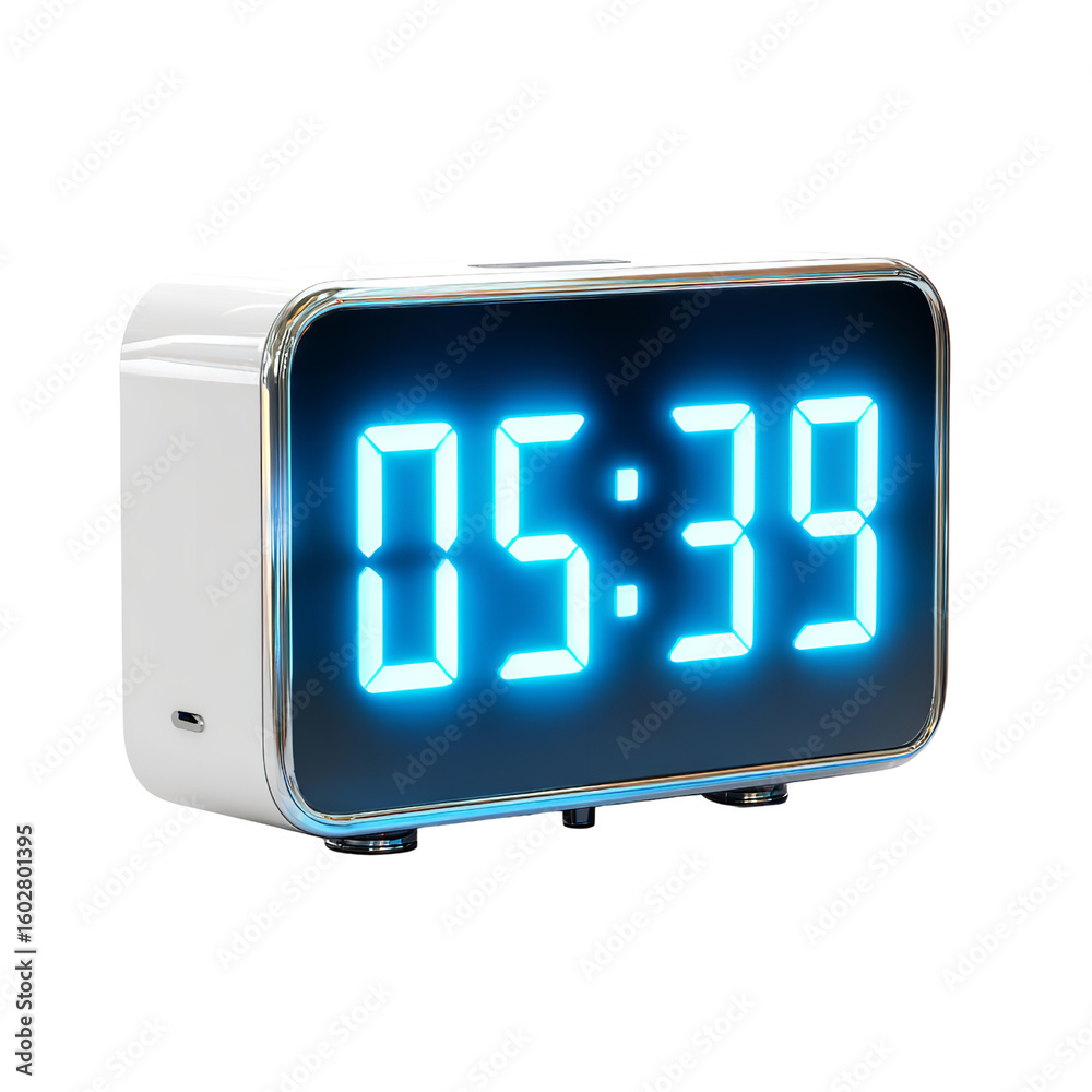 A digital alarm clock displaying the time with a bright blue led display in a studio setting A digital alarm clock displaying the time with a bright blue led display in a studio setting