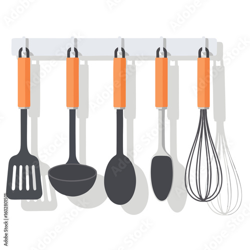 Kitchen Utensil Set Modern Cooking Tools Hanging on a Rack for Culinary Tasks
