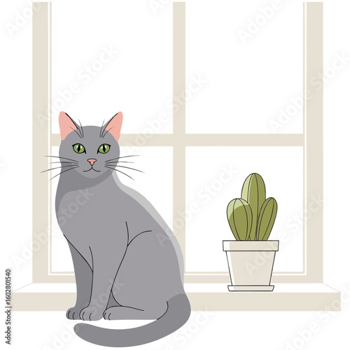 Charming grey cat with green eyes sits on a windowsill, embodying home comfort. Vector illustration of a pet relaxing next to a potted cactus.
