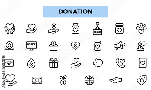 Donation Line Icons Pack – Charity, Fundraising, Giving, Nonprofit, Heart, and Volunteer Support Symbols for Websites, Apps, and Print Projects