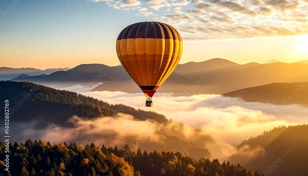 Obraz premium Scenic view of a hot air balloon drifting over misty mountains in the early morning