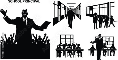 Dynamic Silhouette Depiction of School Principal Leading Students, Featuring Classroom Scenes, Hallway