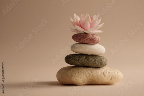 Pink lotus atop stacked stones on beige background