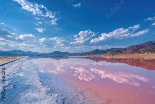 Pink salt lake reflecting a sky of clouds