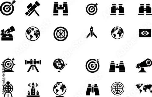 Stock vector icons set of target telescope binoculars globe and exploration elements