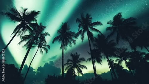 Silhouetted palm trees under a vibrant aurora sky