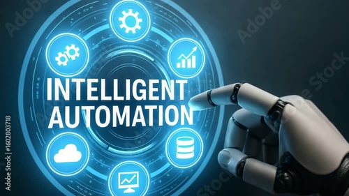 A robotic hand reaches toward a glowing interface that spells Intelligent Automation with process icons. Concept of ai-driven workflow orchestration and digital transformation.