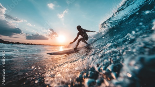 Silhouette of a surfer riding a wave at sunset.