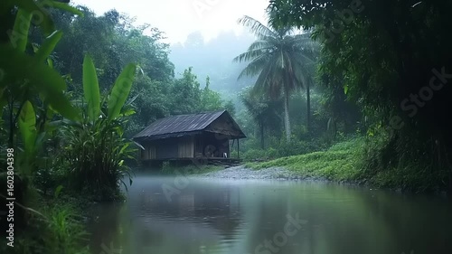 Tranquil riverside hut amidst lush green forest