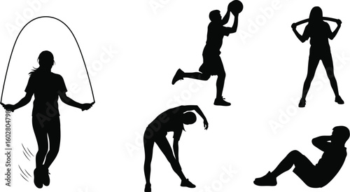 Dynamic Silhouettes Featuring Diverse Fitness Activities, Including Jumping Rope, Basketball