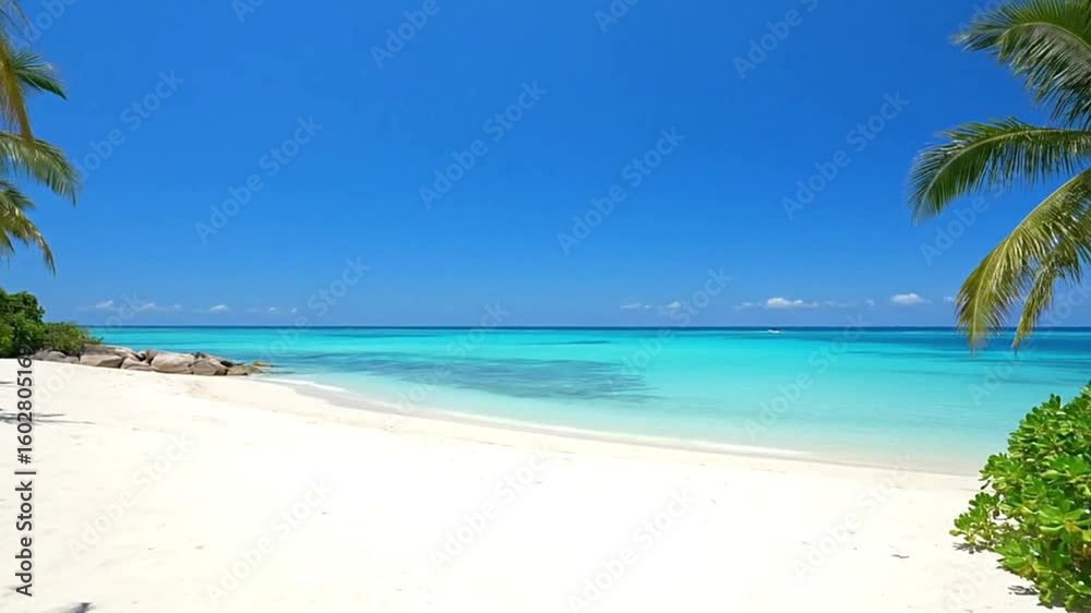 Tropical beach with clear blue sky white sand palm trees turquoise water Tropical beach with clear blue sky white sand palm trees turquoise water