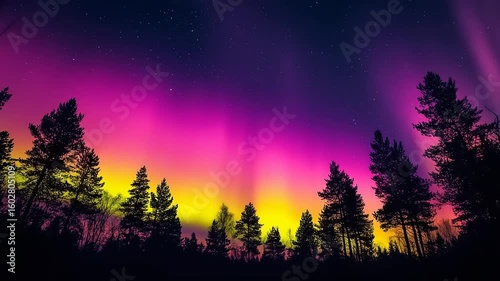Vibrant Aurora Borealis Illuminates Forest at Night