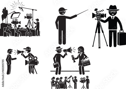 Stick Figure Icon of Film Director and Actor on Movie Set – Filmmaking Pictogram Illustration