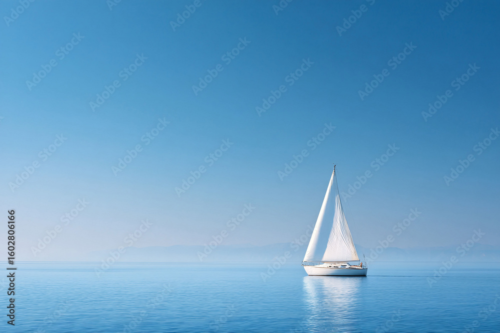 Obraz premium Serene seascape featuring a sailboat gliding across calm blue waters under a clear sky. Symbol of freedom, escape, and tranquility. Ideal for travel, vacation, or inspirational concepts.