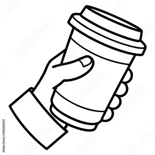 Hand holding a disposable coffee cup with a lid presented as a simple black and white line drawing illustration for graphic design