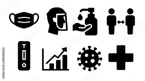 COVID-19 prevention and pandemic icon set in black
