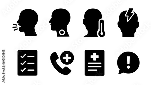 Medical symptom and health alert icon set in black